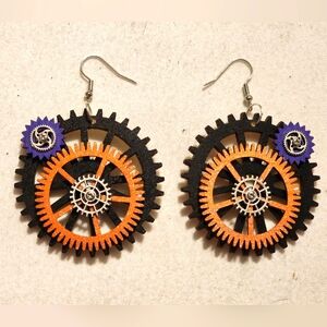 Hand crafted wooden fidget gear earrings in Halloween theme colors